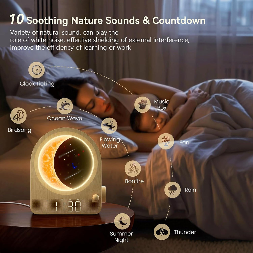Blonbar Sunrise Alarm Clocks for Bedrooms, Stepless Dimmable Moon Lamp Dual Alarm Clock with 12Levels Volume for Heavy Sleepers, 10 Natural Sounds with 30/60/90Mins Timer, Gifts for Women