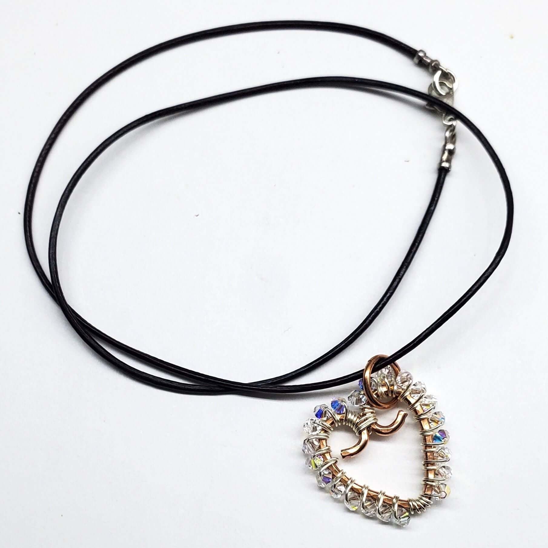 Wire Wrapped Copper Hammered Open Heart Crystal Necklace