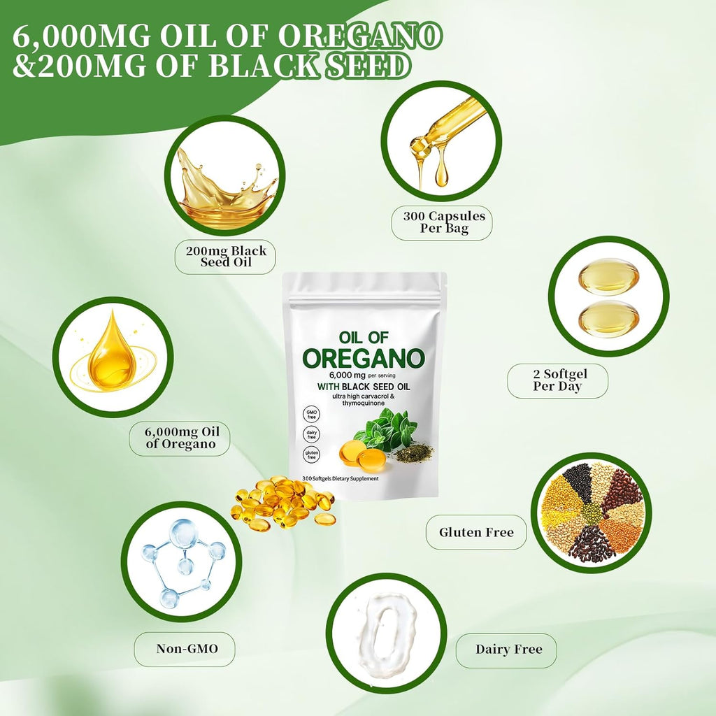 Oil of Oregano with Black Seed Oil,2-In-1 Oregano Oil Capsules Organic,6000Mg per Serving,300 Softgels,4X Strength Carvacrol & Thymoquinone,Non-Gmo,Gluten Free & Immune Support