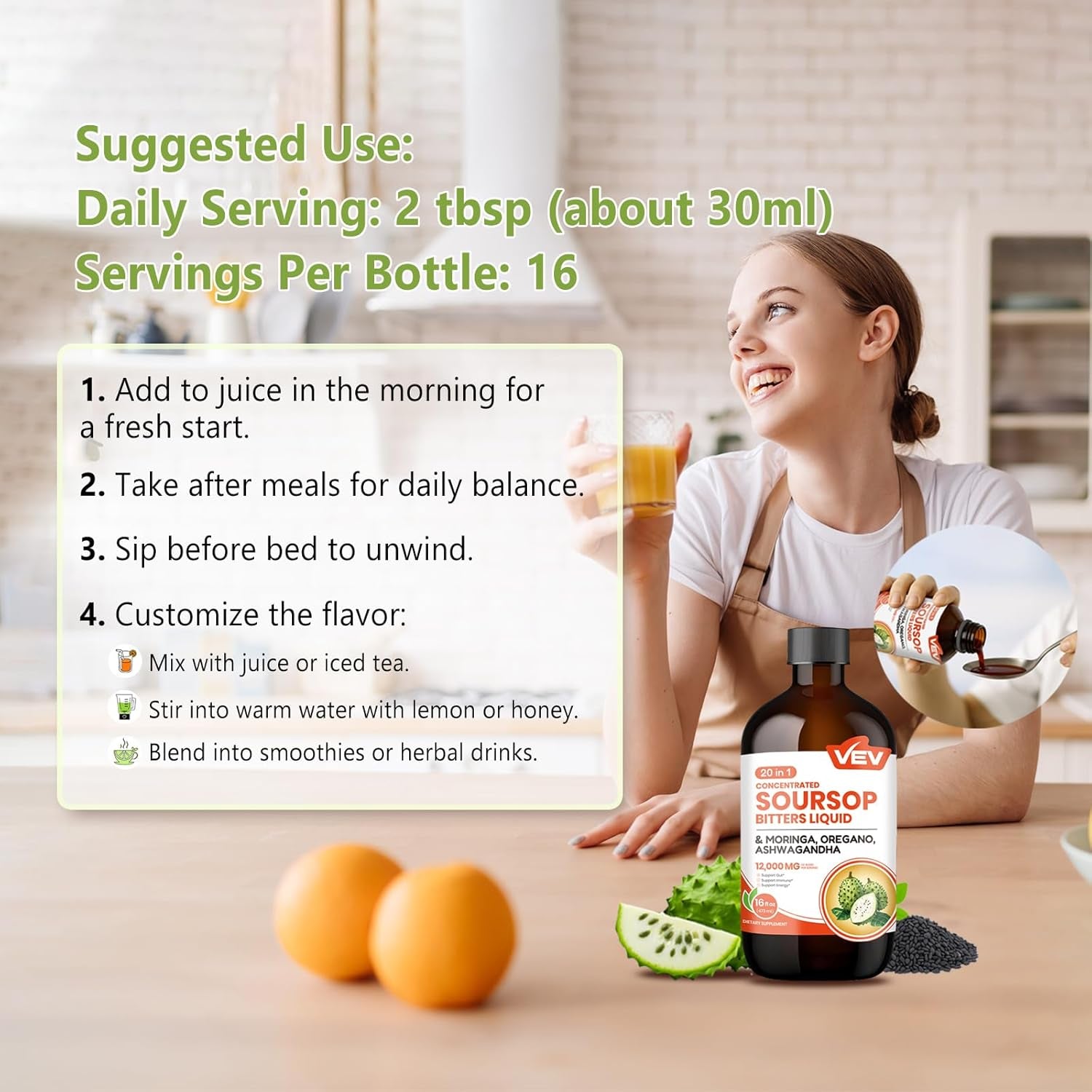 VEV Soursop Bitters Liquid, Graviola Extract Sugar-Free Formula, 20 in 1, with Black Seed, Moringa & Oregano, Digestive Health & Immune Function, Stress Relief, Sleep Support, Vegan -16 Oz