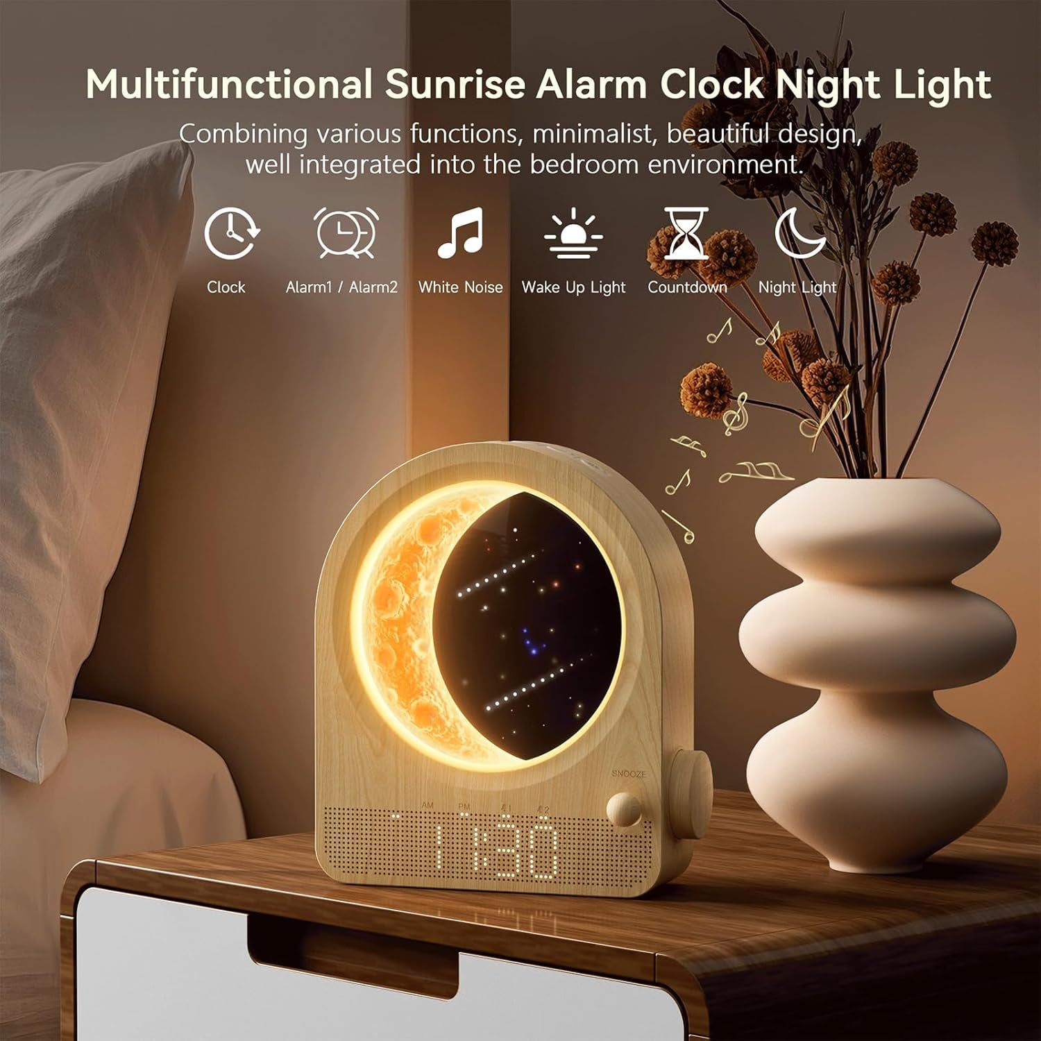 Blonbar Sunrise Alarm Clocks for Bedrooms, Stepless Dimmable Moon Lamp Dual Alarm Clock with 12Levels Volume for Heavy Sleepers, 10 Natural Sounds with 30/60/90Mins Timer, Gifts for Women