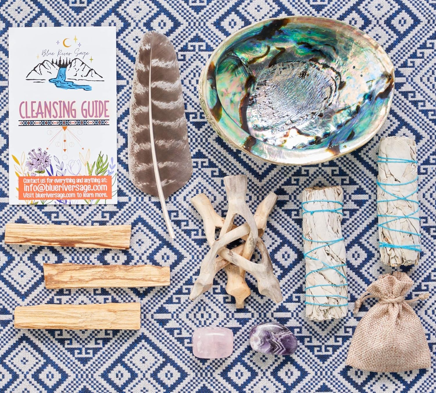 Home Cleansing & Smudging Kit with White Sage, Palo Santo, Abalone & Stand, Smudge Feather & Guide - Smudge Kit with Sage Smudge Sticks