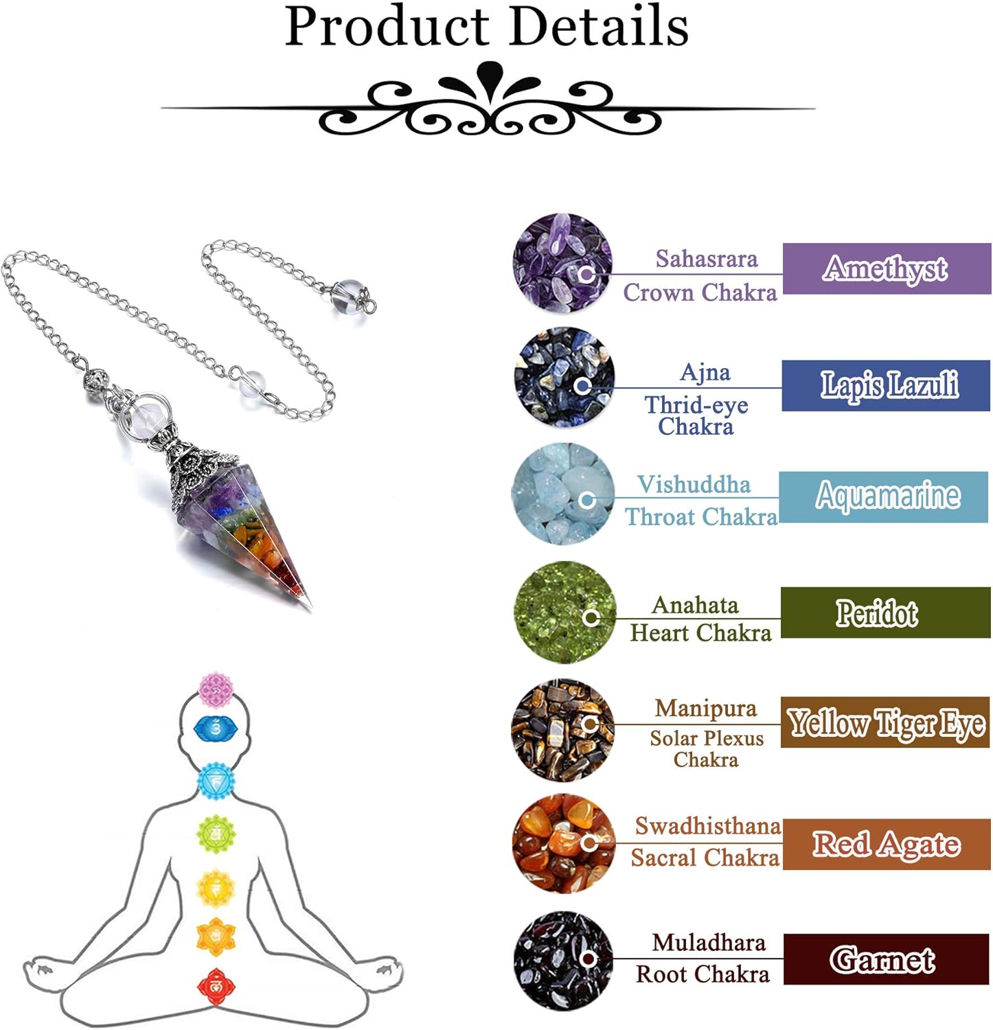 Natural 7 Chakra Healing Crystal Dowsing Pendulum Reiki Gemstone Chips Orgone Pendulum 6 Faceted Hexagonal Pointed Resin Spiritual Pendant for Divination, Wicca, Energy Balancing