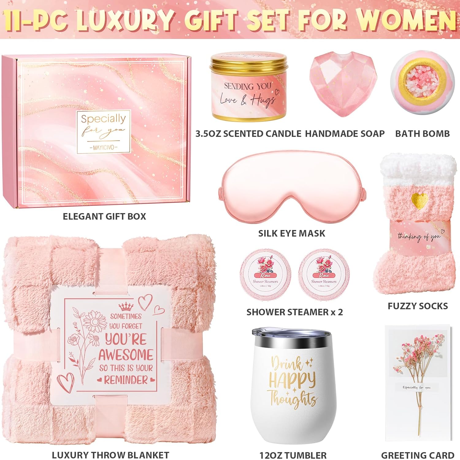 Mothers Day Birthday Gifts for Women, Self Care Get Well Soon Gift Baskets for Women, Rose Relaxing Spa Gifts Care Package with Blanket, Unique Gift Baskets for Mom Her Wife Girlfriend Friend Sister