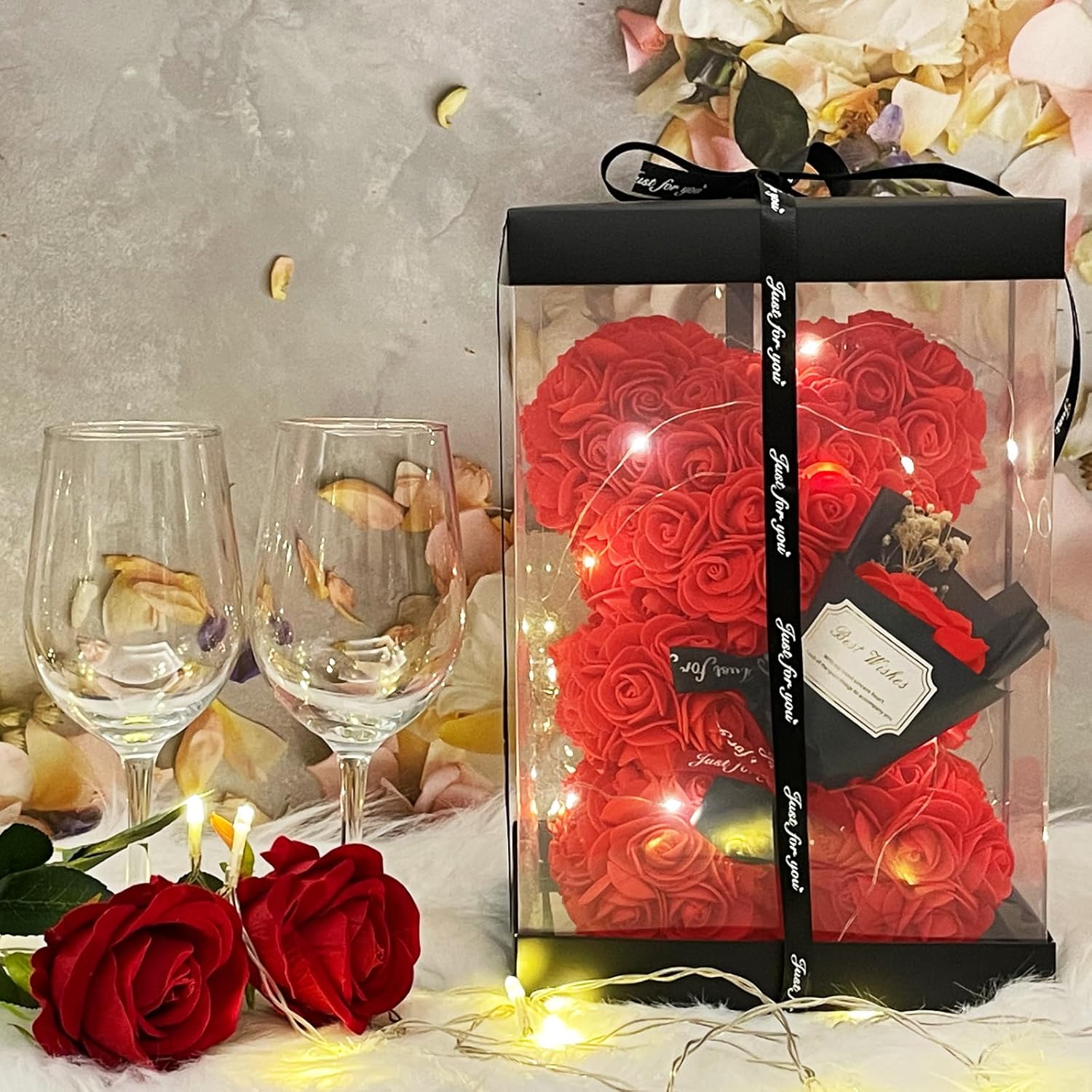 Romantic Valentine'S Day Gift for Her Artificial Flower Rose Teddy Bear with Preserved Flowers Bouquet and Blind Box Pearl Necklace Birthday Gift for Wife Girlfriend Mom Women Mothers Day Home Decor