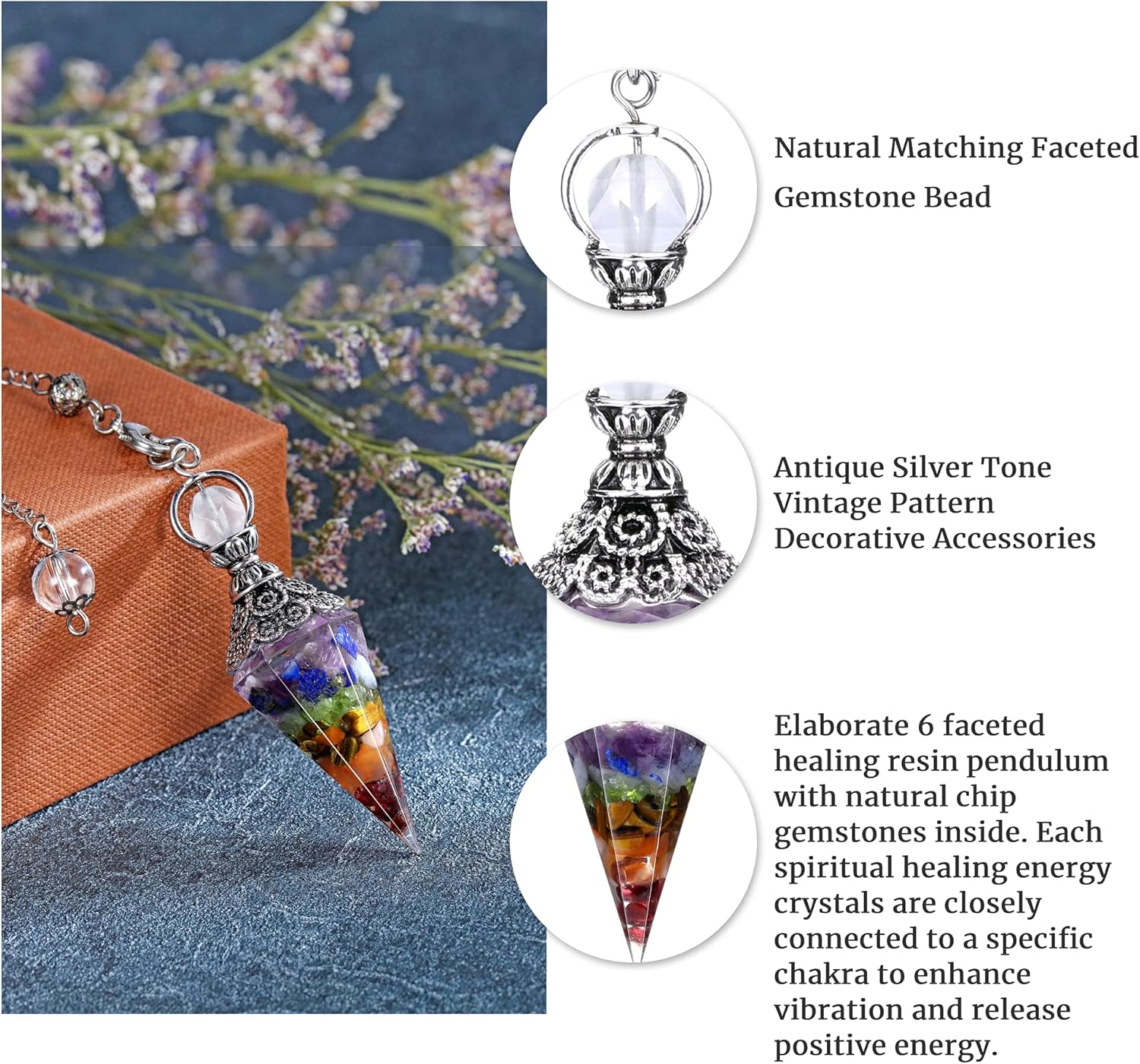 Natural 7 Chakra Healing Crystal Dowsing Pendulum Reiki Gemstone Chips Orgone Pendulum 6 Faceted Hexagonal Pointed Resin Spiritual Pendant for Divination, Wicca, Energy Balancing