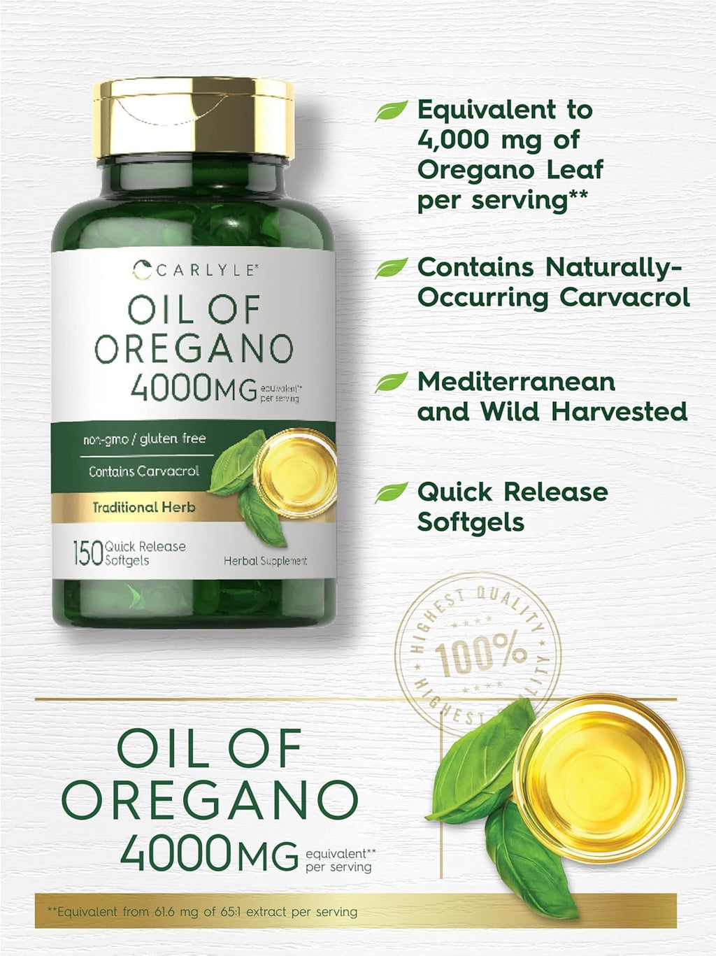 Oregano Oil 4000Mg Supplement | 150 Softgel Capsules | Contains Carvacrol | Non-Gmo & Gluten Free Formula