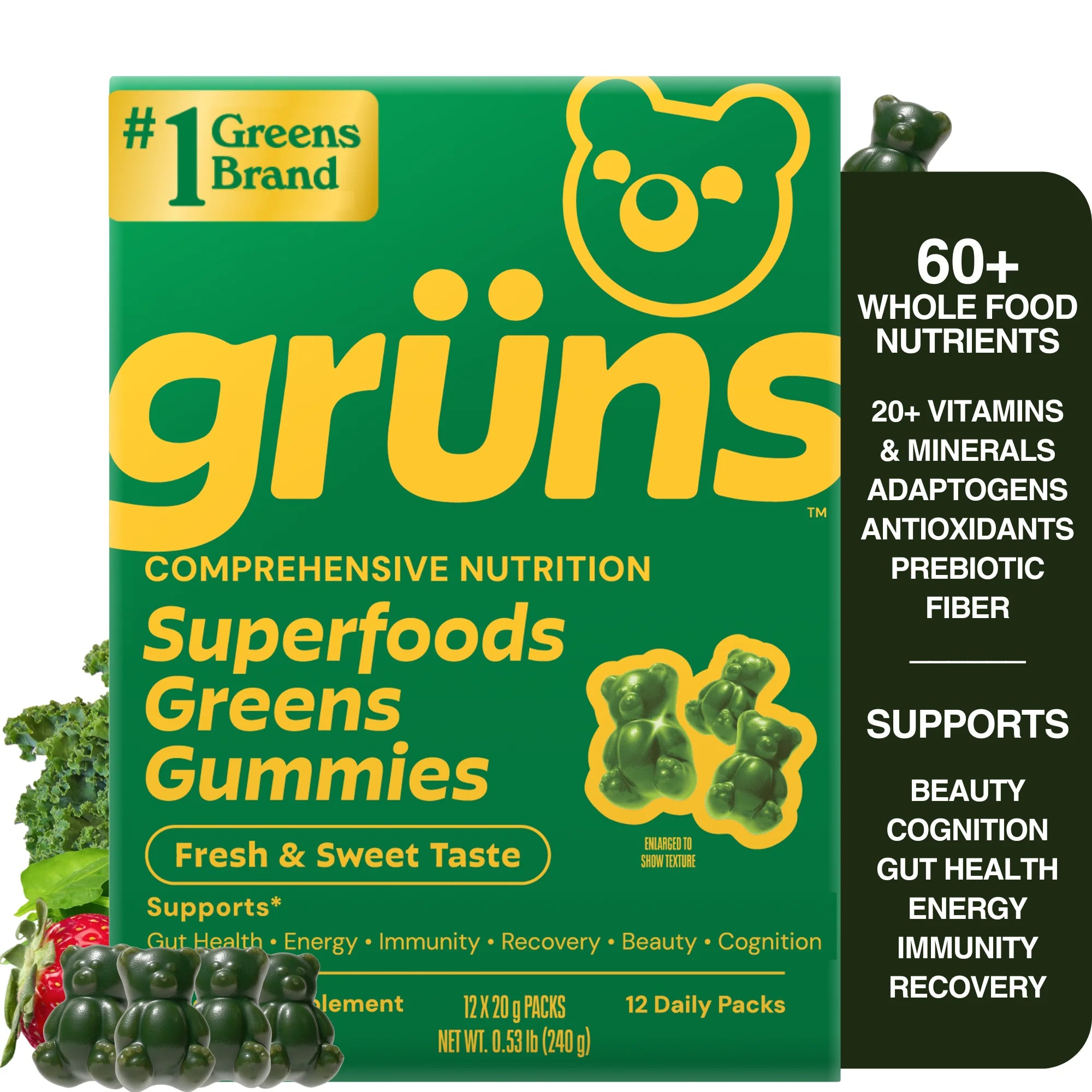 Grüns Daily Wellness Gummies | 60 Organic Ingredients & 21+ Vitamins | Gruns Vitamins with Prebiotics & Fiber | 12 Servings 