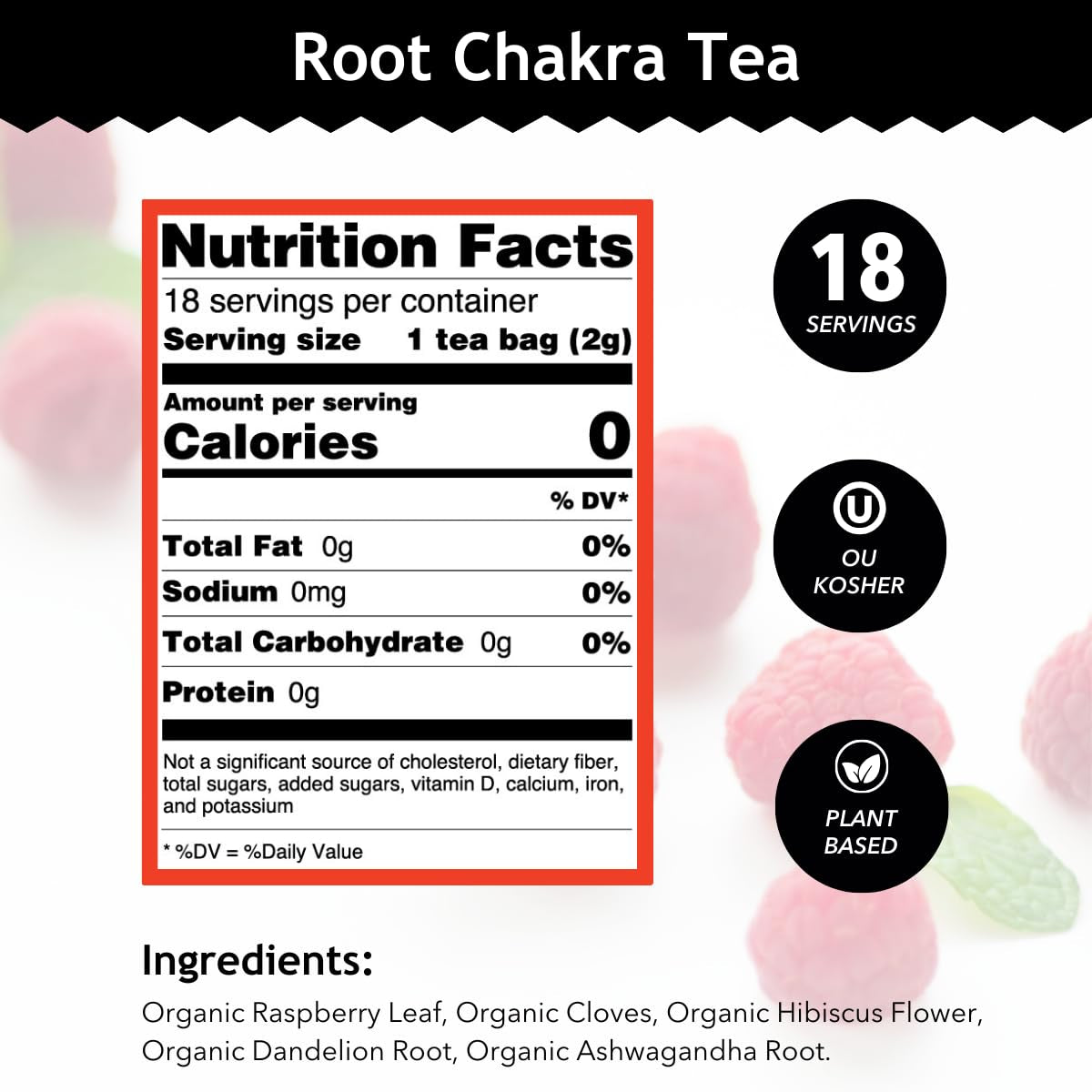 - Root Chakra Tea - Organic Herbal Tea - for Security & Stability - with Ashwagandha Root, Raspberry Leaf, Cloves & Garnet Essence - 100% Kosher & Non-Gmo - 18 Tea Bags (Pack of 1)
