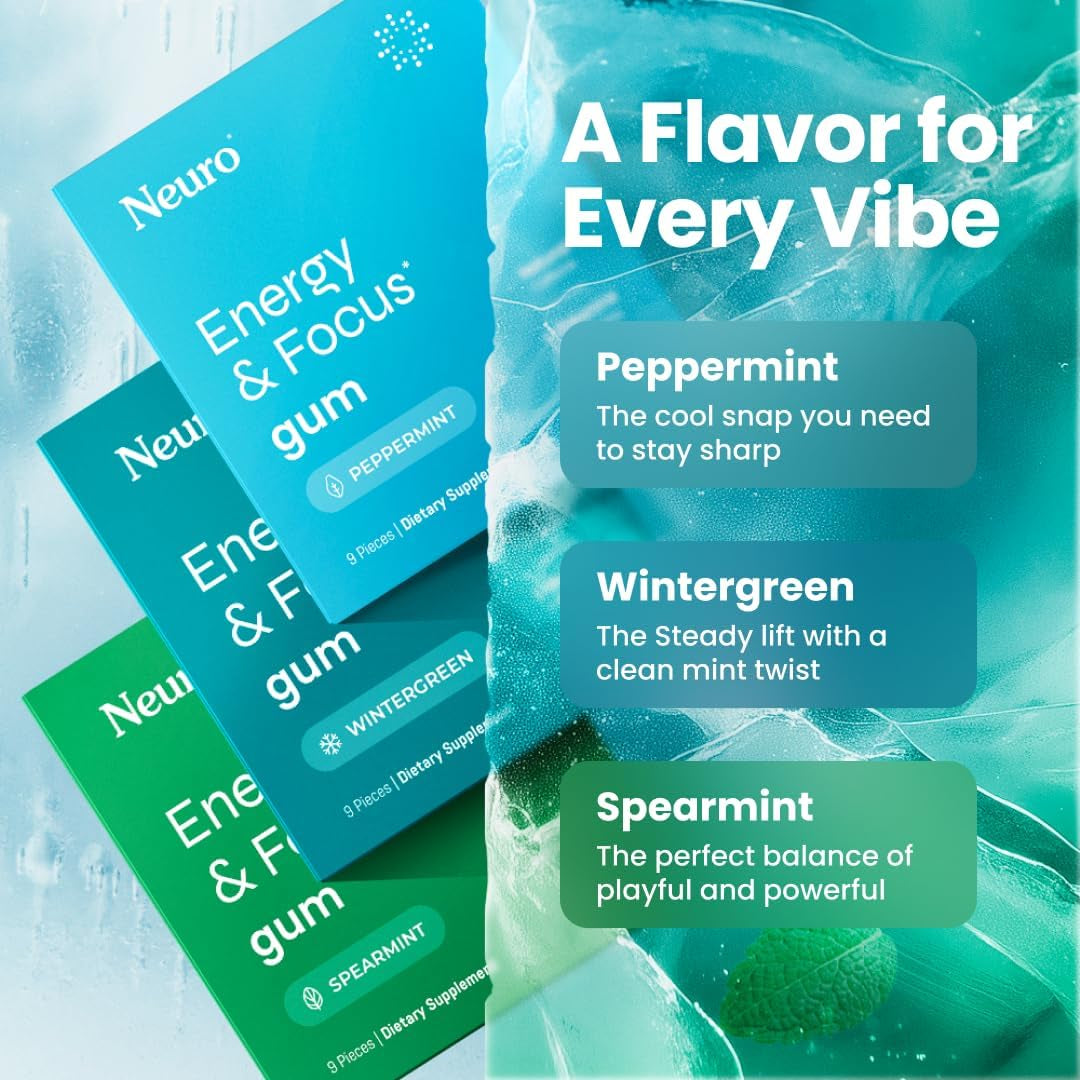 Variety Pack Gum - Energy & Focus Gum (Peppermint, Spearmint, Wintergreen) - Nootropic Supplement with Natural Caffeine + L-Theanine for Brain Health - Sugar Free, Vegan - 54 Ct, 6 Pack