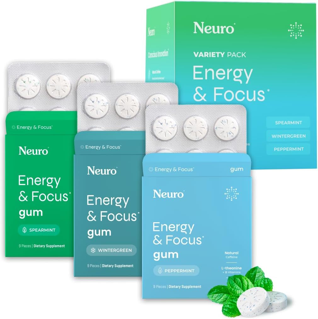Variety Pack Gum - Energy & Focus Gum (Peppermint, Spearmint, Wintergreen) - Nootropic Supplement with Natural Caffeine + L-Theanine for Brain Health - Sugar Free, Vegan - 54 Ct, 6 Pack