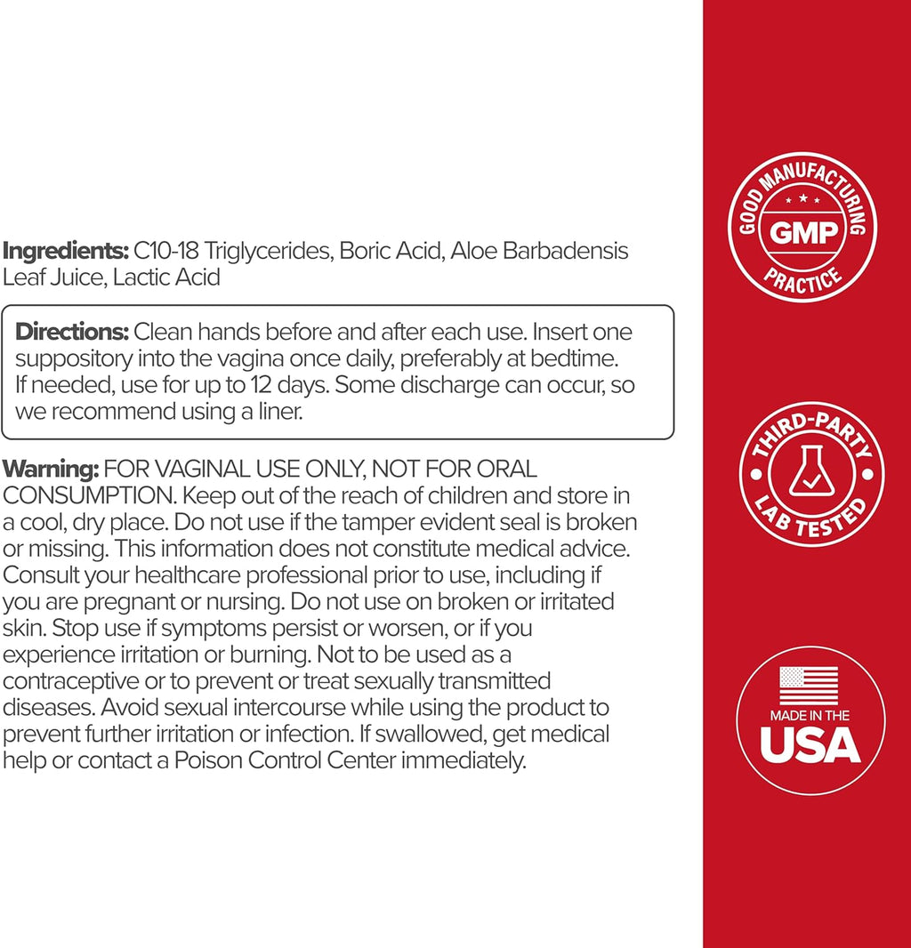 URO Boric Acid Vaginal Suppository – with Lactic Acid, and Aloe for Fast Relief and Vaginal Odor Control – Vegan, Free from Parabens, Dyes, and Fragrances – 12 Count (Pack of 1)