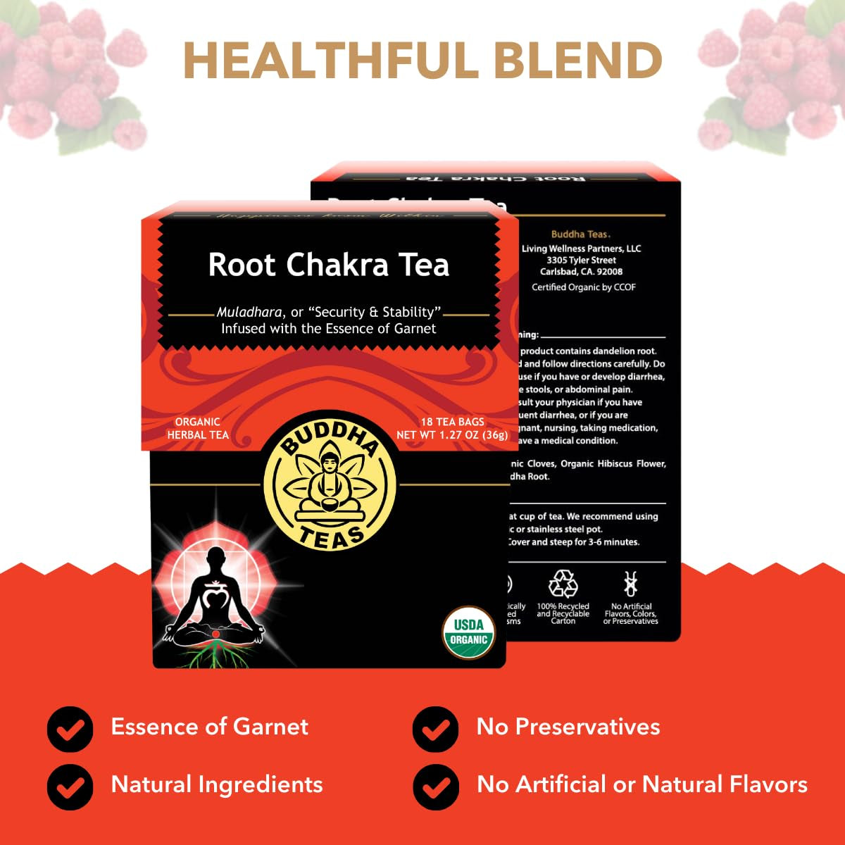 - Root Chakra Tea - Organic Herbal Tea - for Security & Stability - with Ashwagandha Root, Raspberry Leaf, Cloves & Garnet Essence - 100% Kosher & Non-Gmo - 18 Tea Bags (Pack of 1)