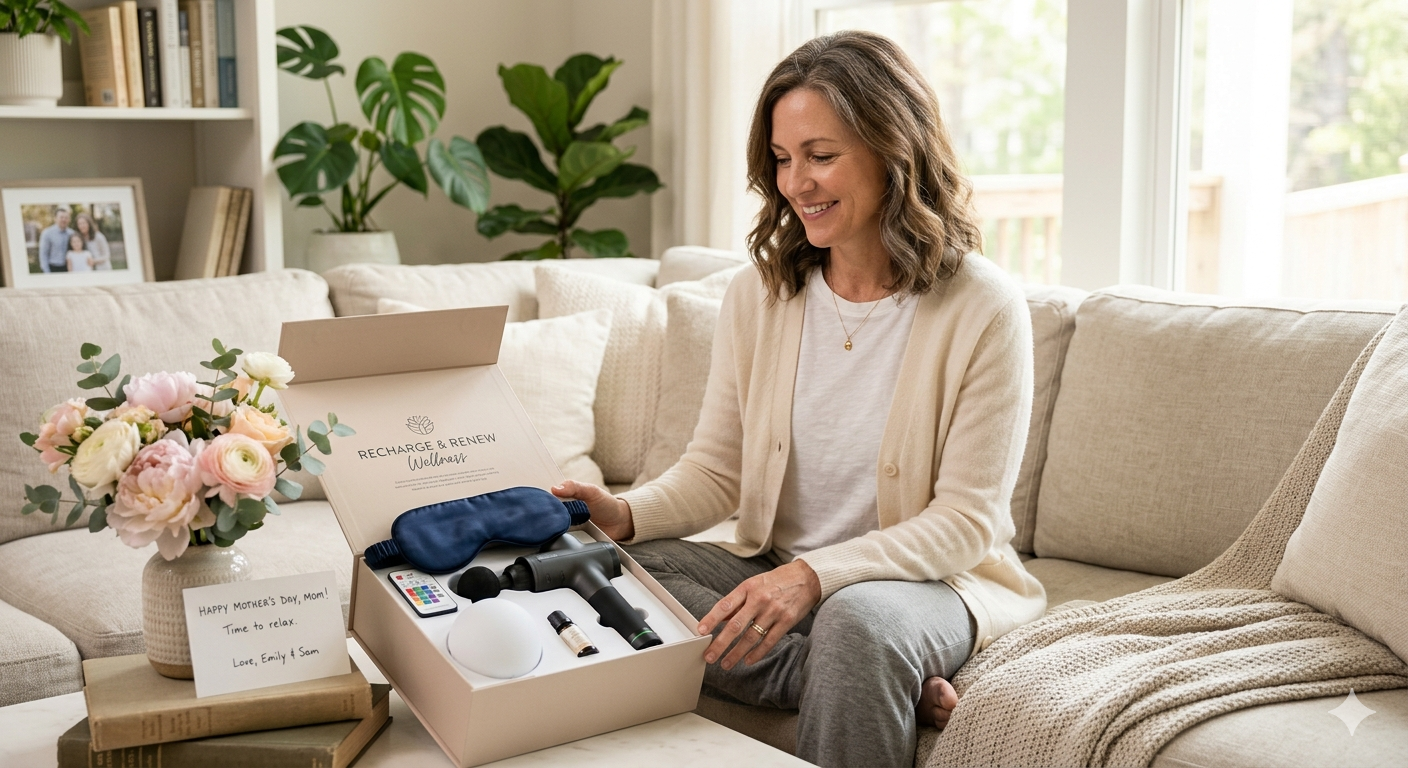 Woman sitting on a couch with a box of products, including a blue item, in a home setting.