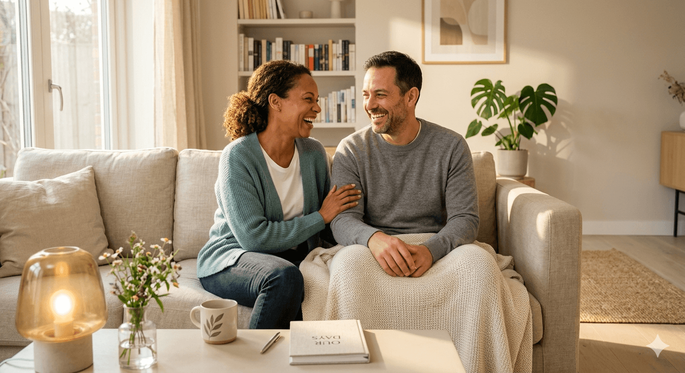 Couple sitting on a couch in a cozy living room, smiling and holding hands.