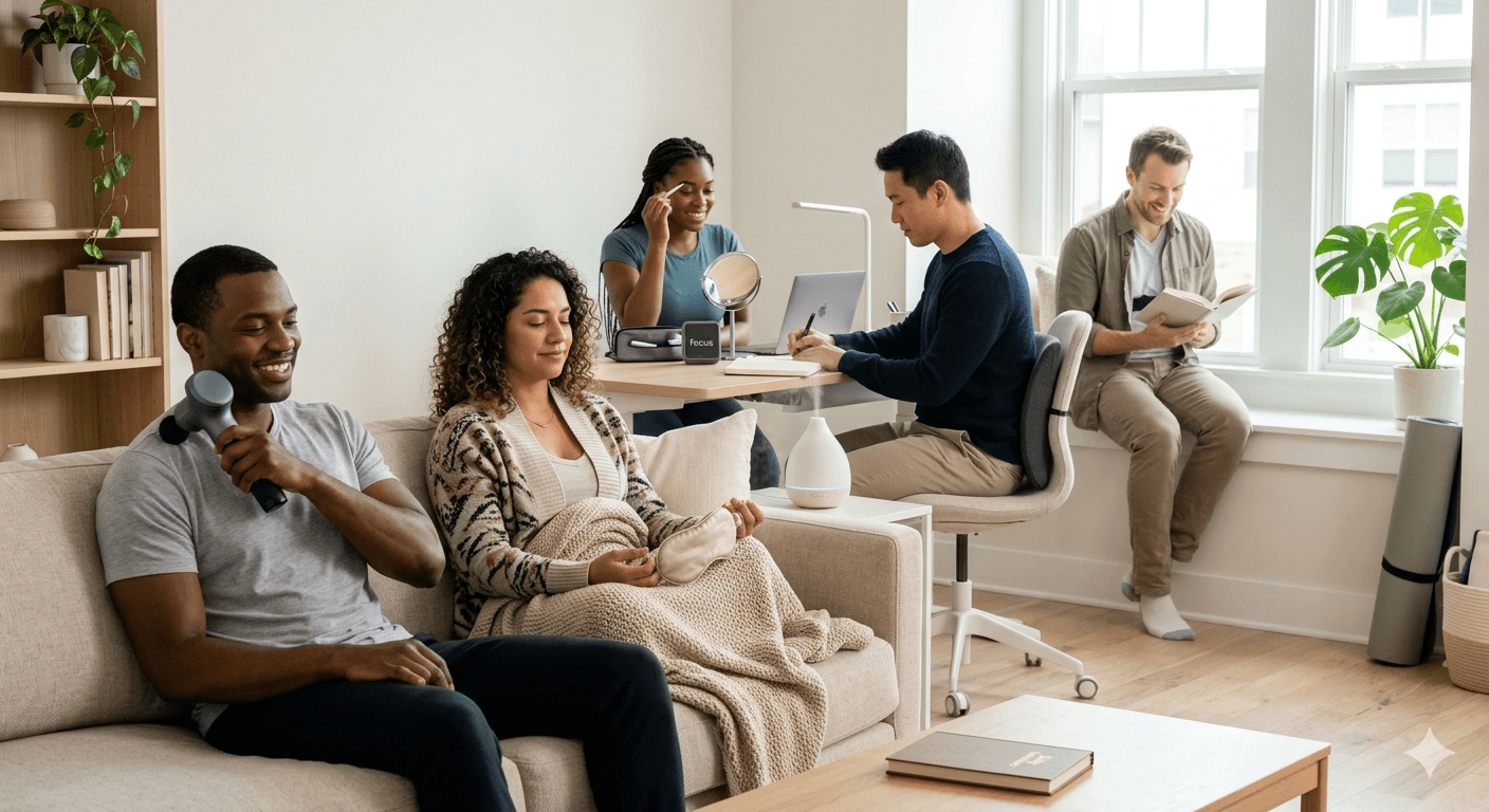 Group of people in a modern living room setting