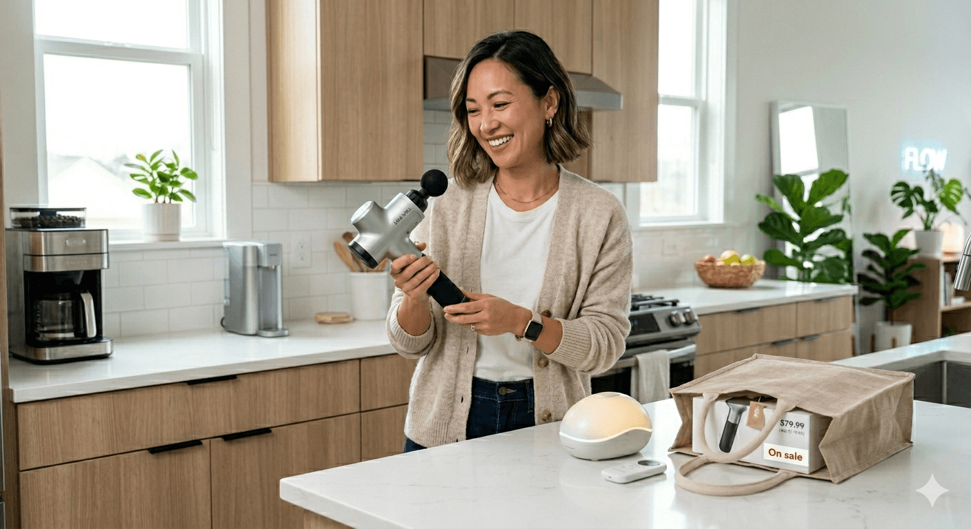 Woman in a kitchen holding a coffee maker with a bag of coffee on the counter.