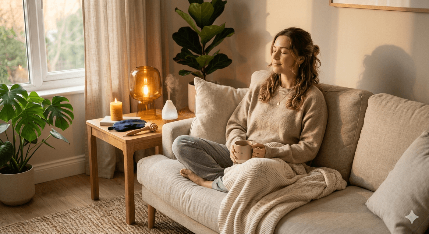 Woman sitting on a couch holding a mug in a cozy living room.