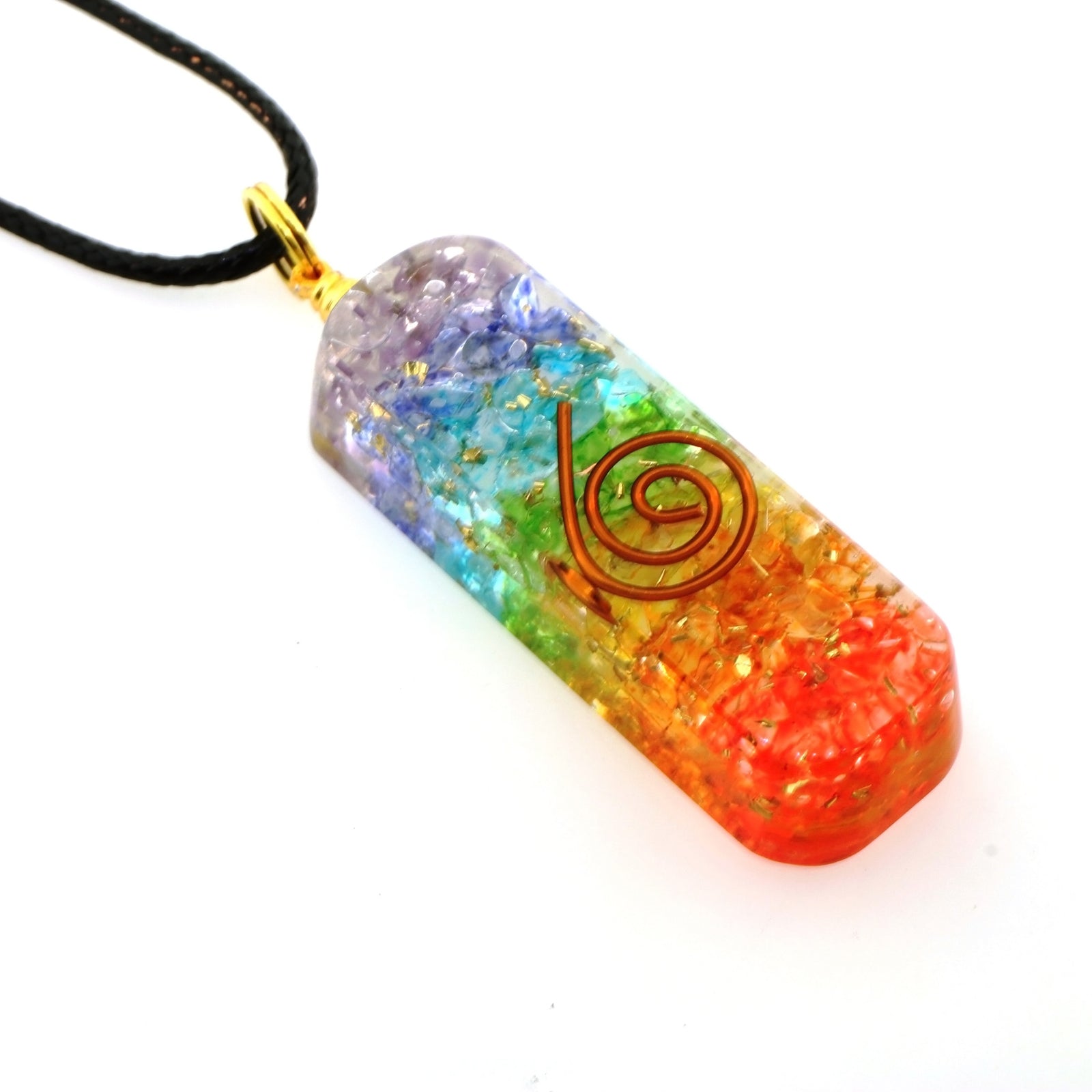 7 Chakra Rainbow Layered Orgone Pendant + Cord Necklace EMF and 5G Protection