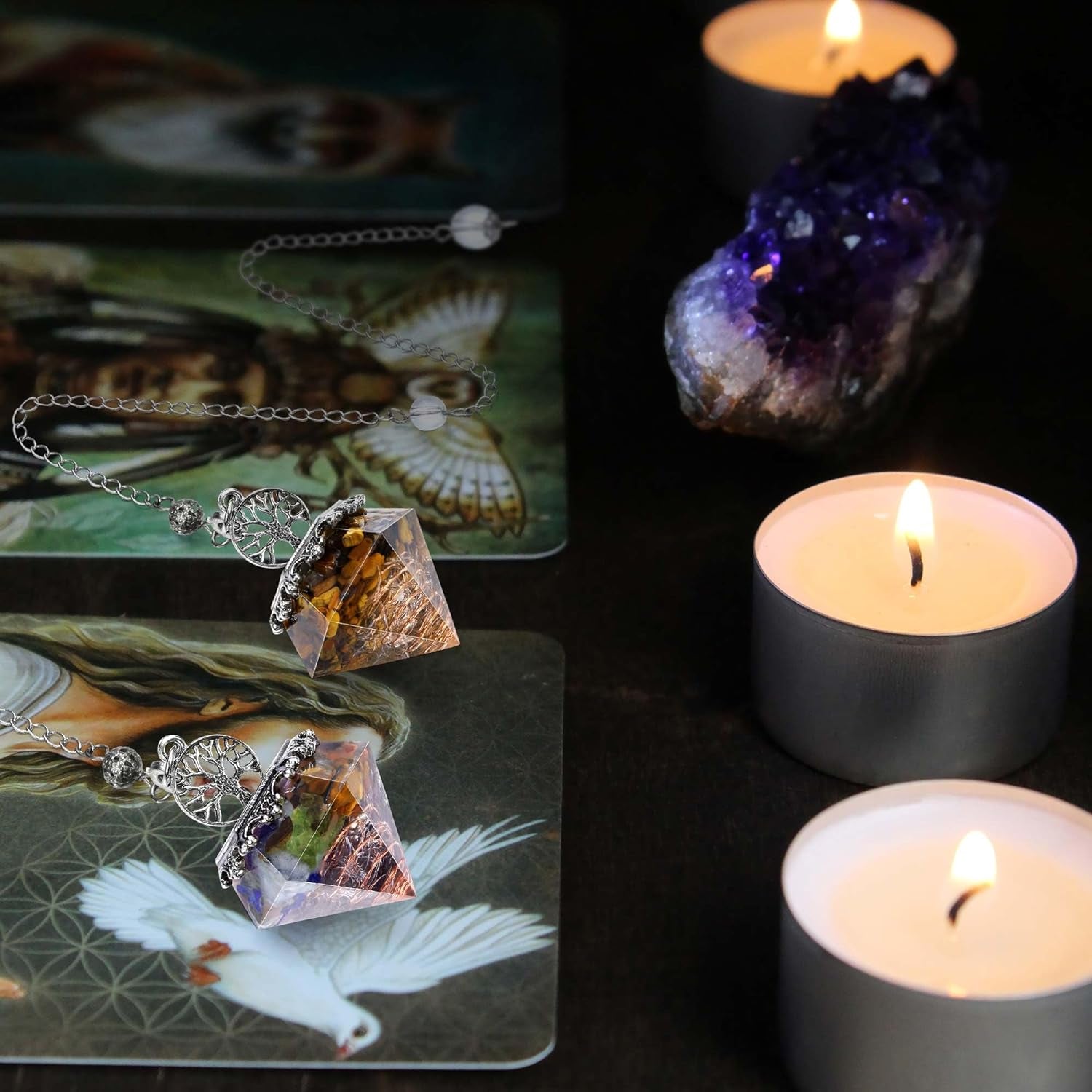 7 Chakra Crystal Dowsing Pendulum Reiki Life Tree 6 Faceted Pointed Pendulum Scrying Dowser for Divination, Meditation, Wicca