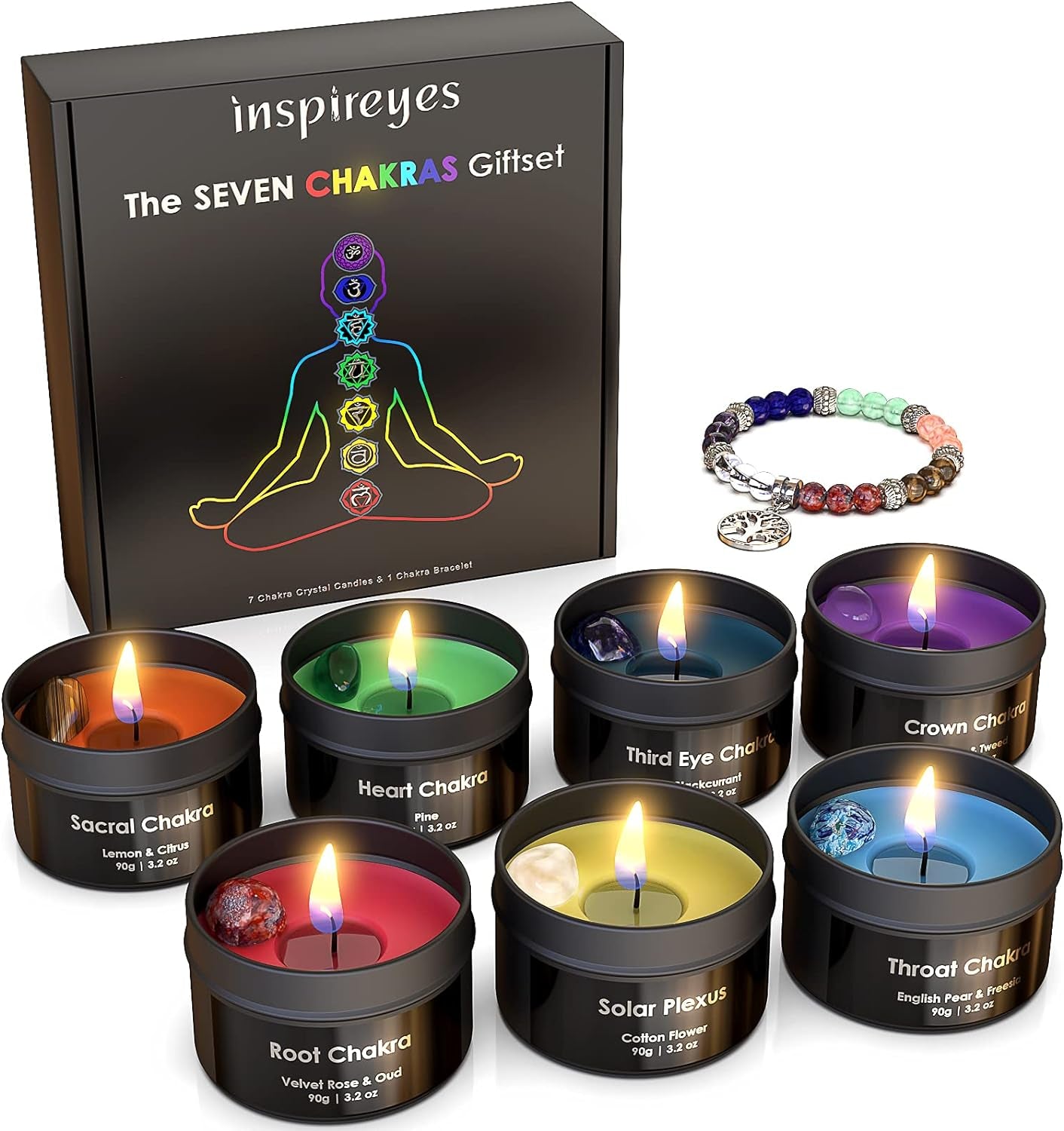 Chakra Candles with Premium Crystal and Healing Stones Luxury Meditation Scented Candles Gift Set for Women Stress Relief Spiritual Decor Healing Candles for Yoga, Aromatherapy