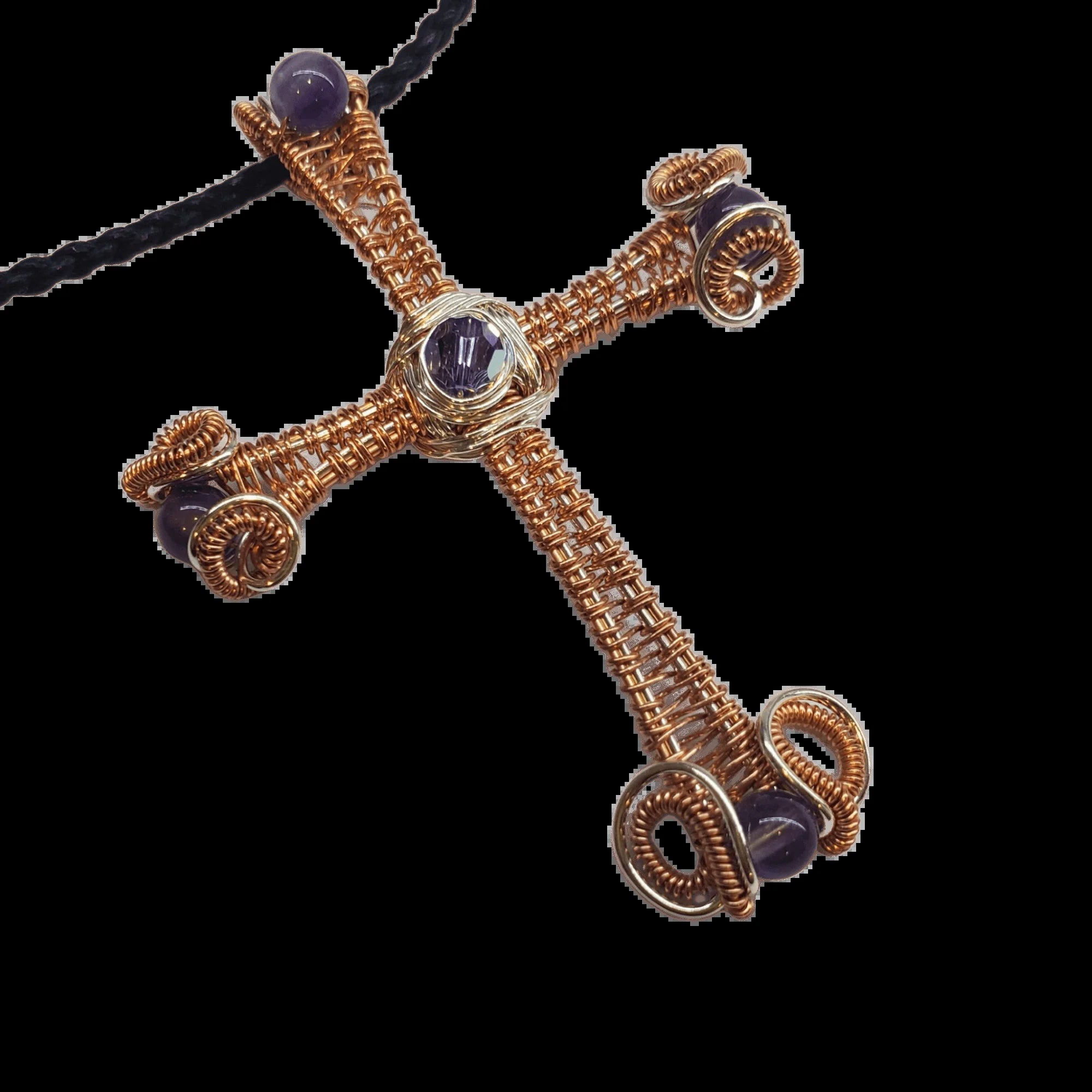 Large Amethyst Wire Woven Copper and Silver Cross Crystal Necklace