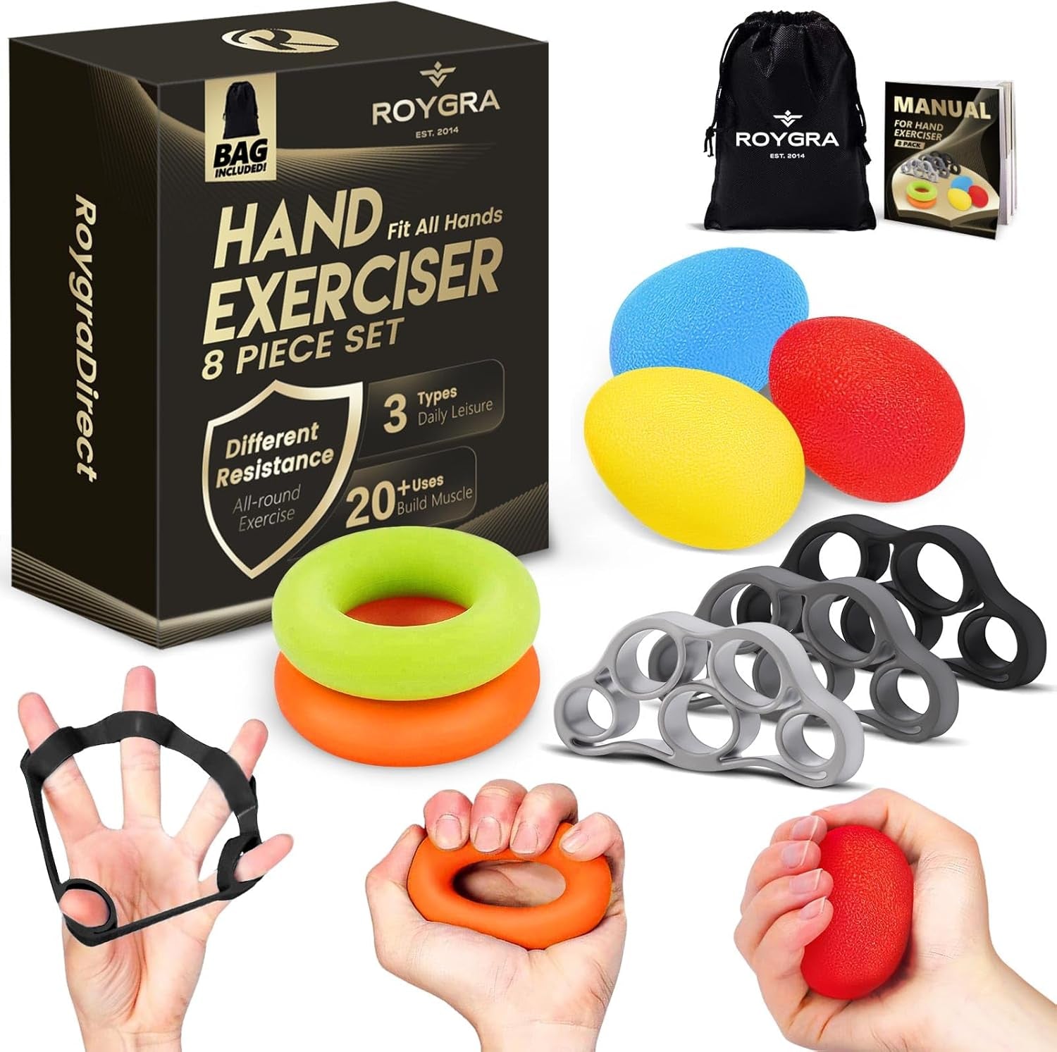 Grip Strength Trainer (8 Pack), Forearm Strengthener, Stress Balls for Adults, Hand Strengthening Devices, Wrist Finger Strengthener, Physical Therapy Exercise Equipment, Golf Baseball Climbing
