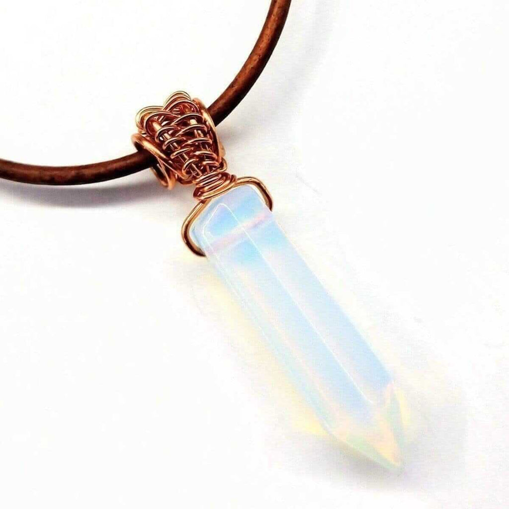 Handmade Men'S Rustic Wire Wrapped Pointed Gemstone Crystal Leather Necklace