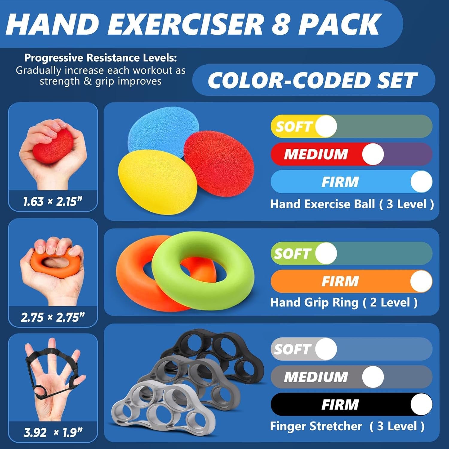 Grip Strength Trainer (8 Pack), Forearm Strengthener, Stress Balls for Adults, Hand Strengthening Devices, Wrist Finger Strengthener, Physical Therapy Exercise Equipment, Golf Baseball Climbing