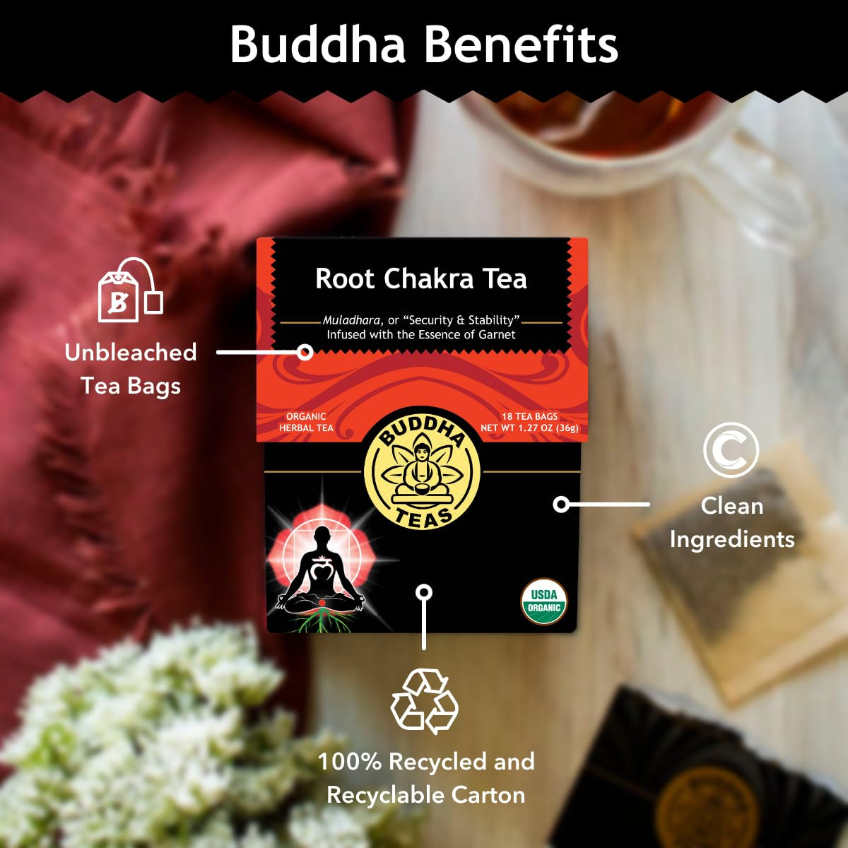 - Root Chakra Tea - Organic Herbal Tea - for Security & Stability - with Ashwagandha Root, Raspberry Leaf, Cloves & Garnet Essence - 100% Kosher & Non-Gmo - 18 Tea Bags (Pack of 1)