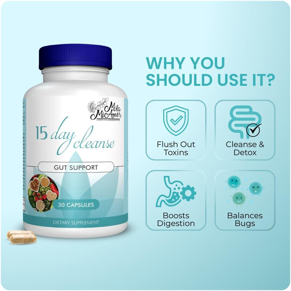 15 Day Cleanse - Gut and Colon Support - Advanced Gut Cleanse Detox for Women & Men with Senna, Cascara Sagrada & Psyllium Husk - Non-Gmo - Made in USA - 30 Capsules