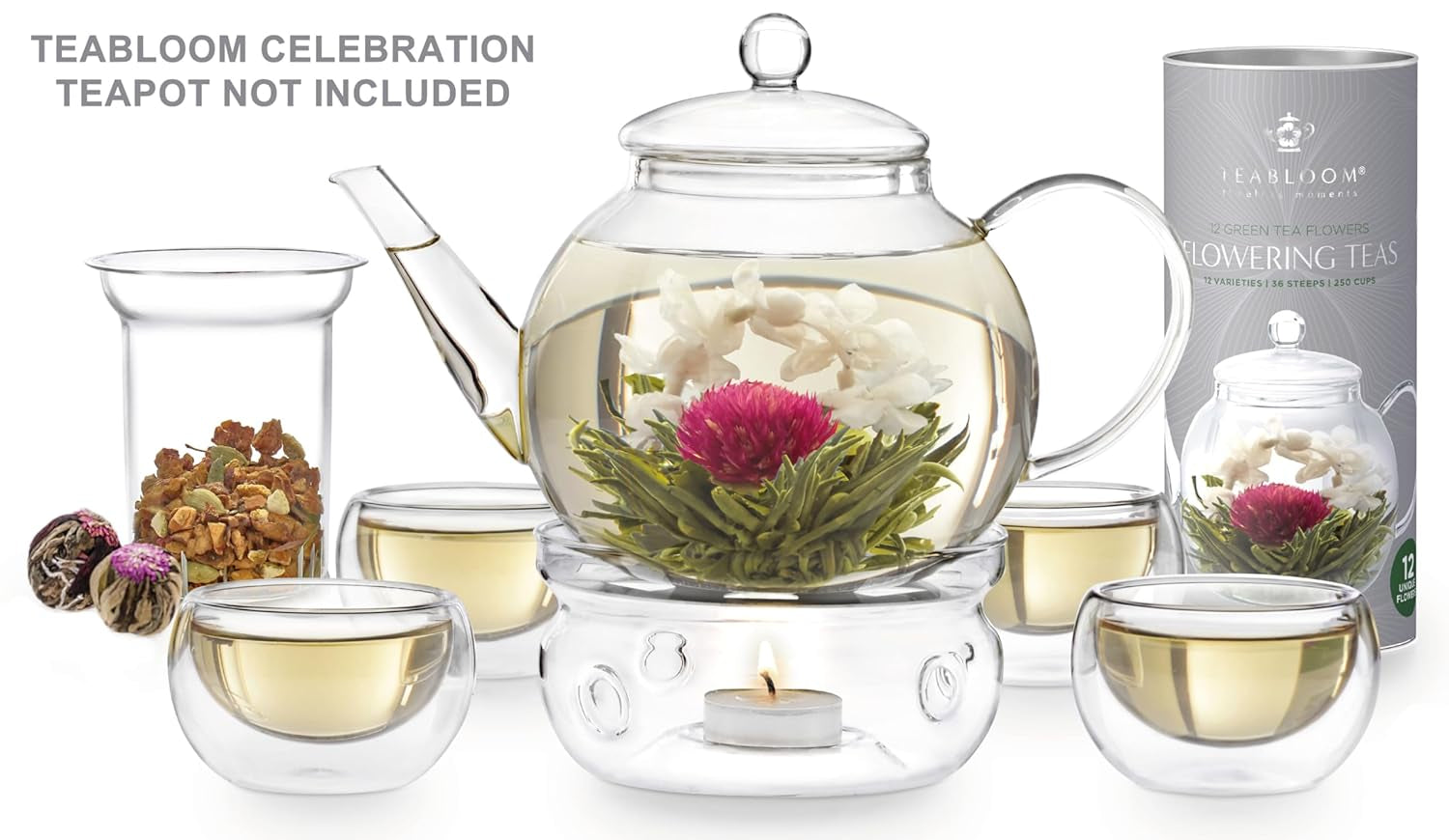 Flowering Tea - 12 Unique Varieties of Fresh Blooming Tea Flowers - Hand-Tied Natural Green Tea Leaves & Edible Flowers - 12-Pack Gift Canister - 36 Steeps, Makes 250 Cups