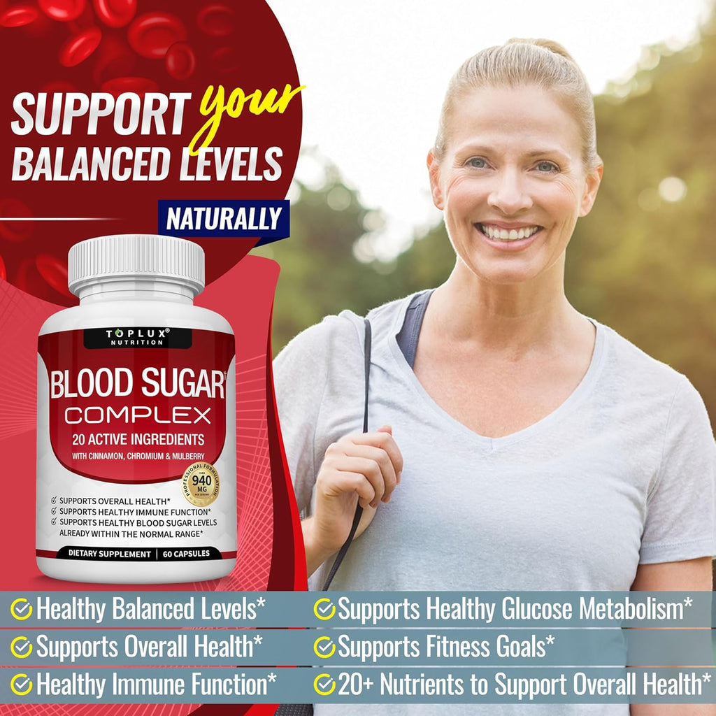 Blood Sugar Complex Supplement - Supports Healthy Blood Sugar Levels Already within Normal Range All Natural with Cinnamon, Bitter Melon, Chromium, Mulberry, Alpha Lipoic Acid, Non-Gmo, 60 Capsules