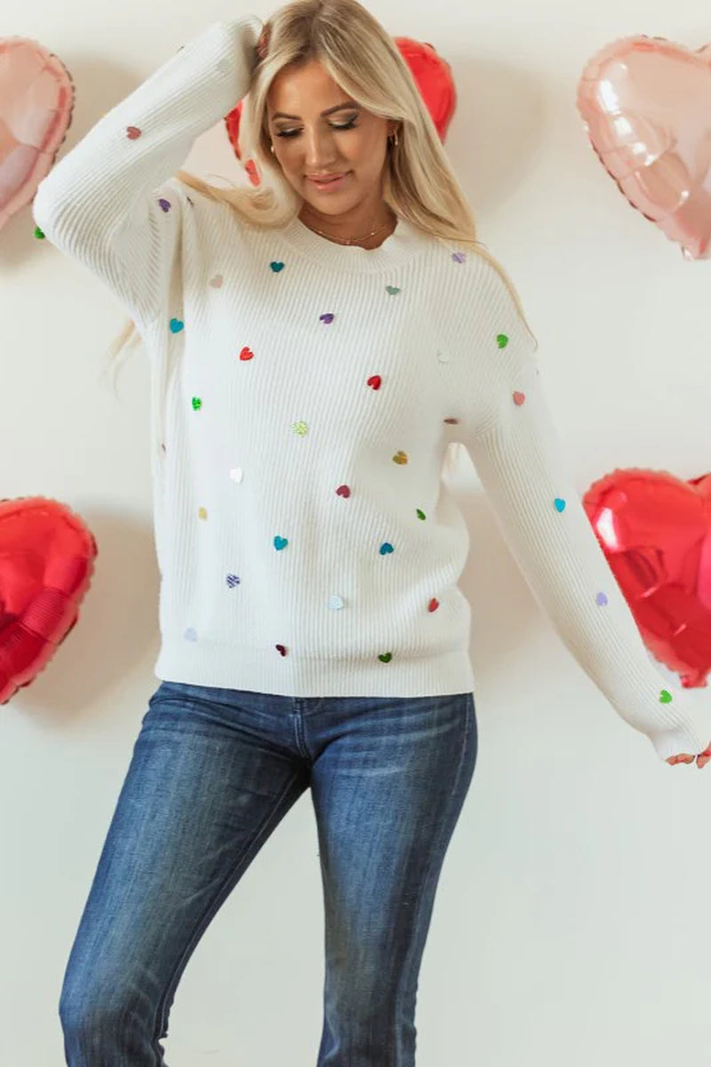 Valentine Heart Sequin Ribbed Knit Crewneck Sweate