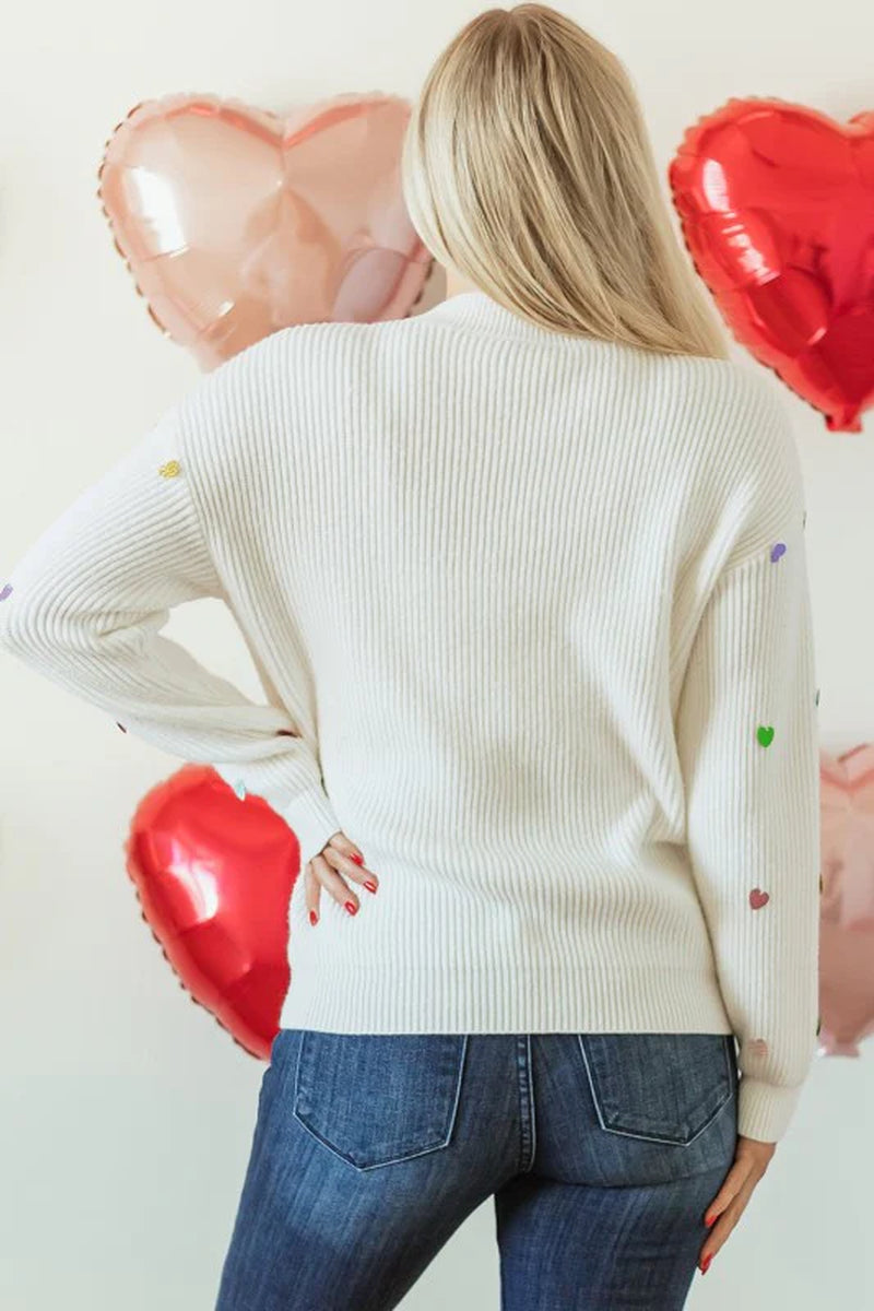 Valentine Heart Sequin Ribbed Knit Crewneck Sweate