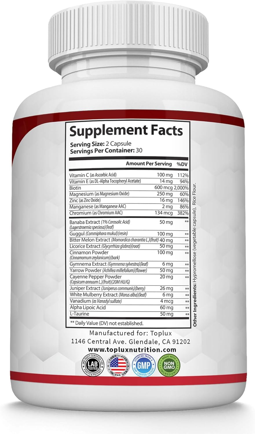 Blood Sugar Complex Supplement - Supports Healthy Blood Sugar Levels Already within Normal Range All Natural with Cinnamon, Bitter Melon, Chromium, Mulberry, Alpha Lipoic Acid, Non-Gmo, 60 Capsules