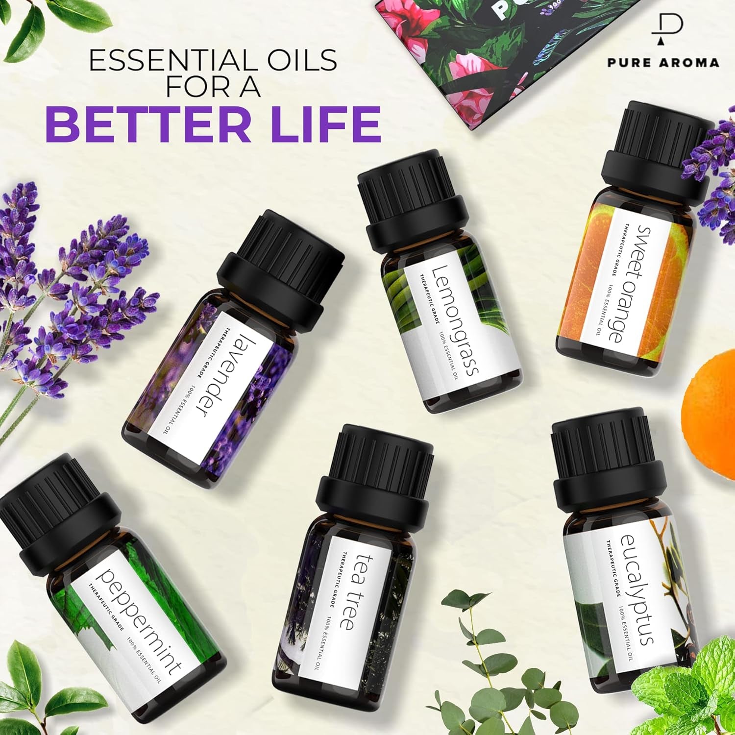 Essential Oils Set by  - Top 6 Aromatherapy Oils Gift Set-6 Pack, 10Ml (Eucalyptus, Lavender, Lemongrass, Sweet Orange, Peppermint, Tea Tree)