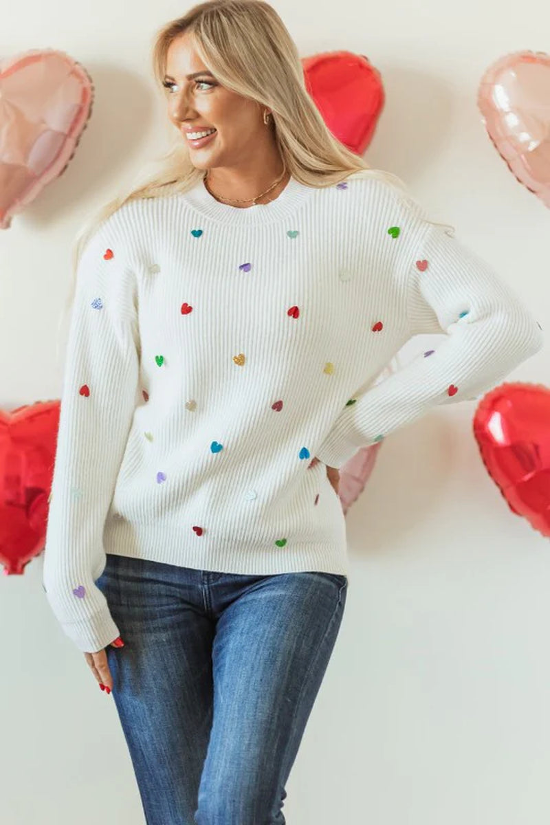 Valentine Heart Sequin Ribbed Knit Crewneck Sweate