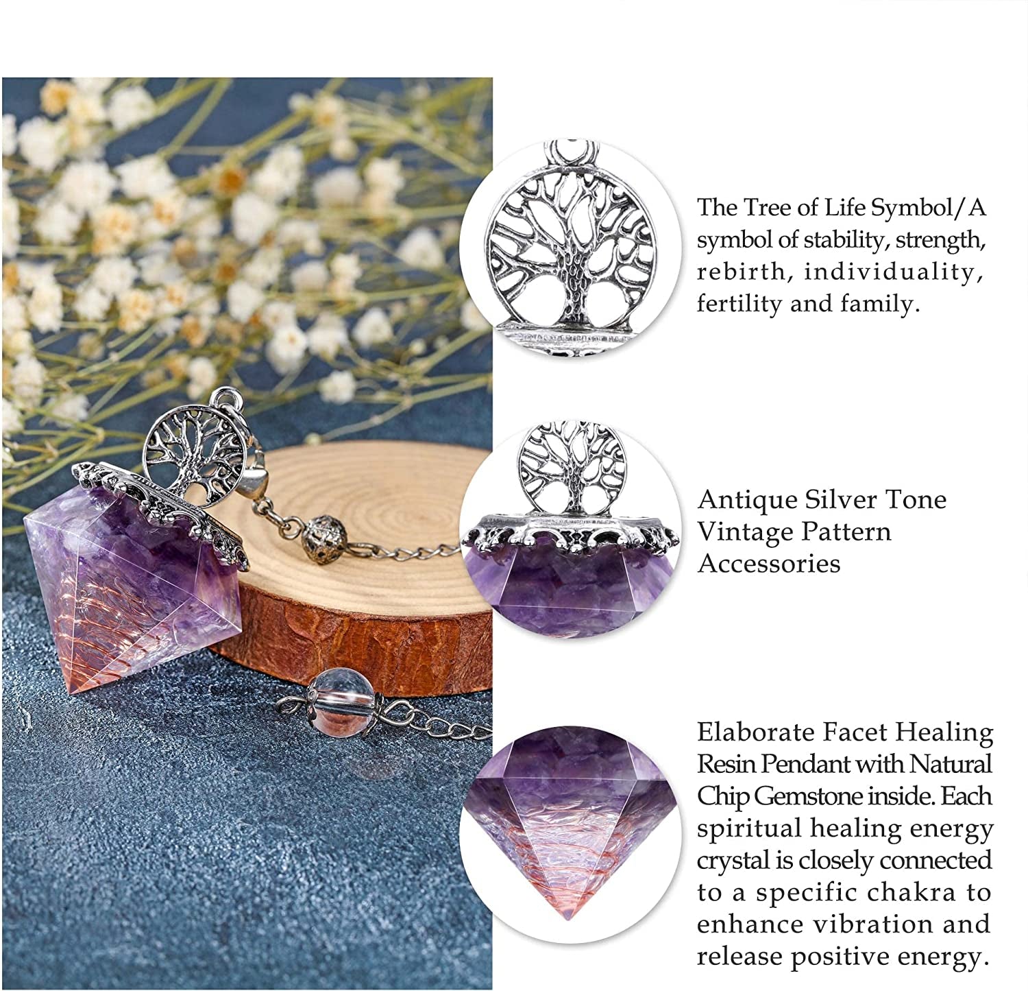 7 Chakra Crystal Dowsing Pendulum Reiki Life Tree 6 Faceted Pointed Pendulum Scrying Dowser for Divination, Meditation, Wicca