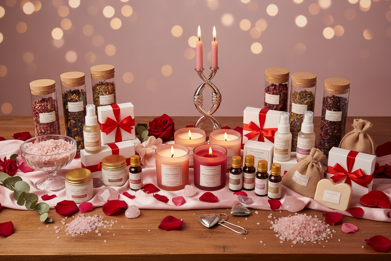 wellness products for valentine's day on a table